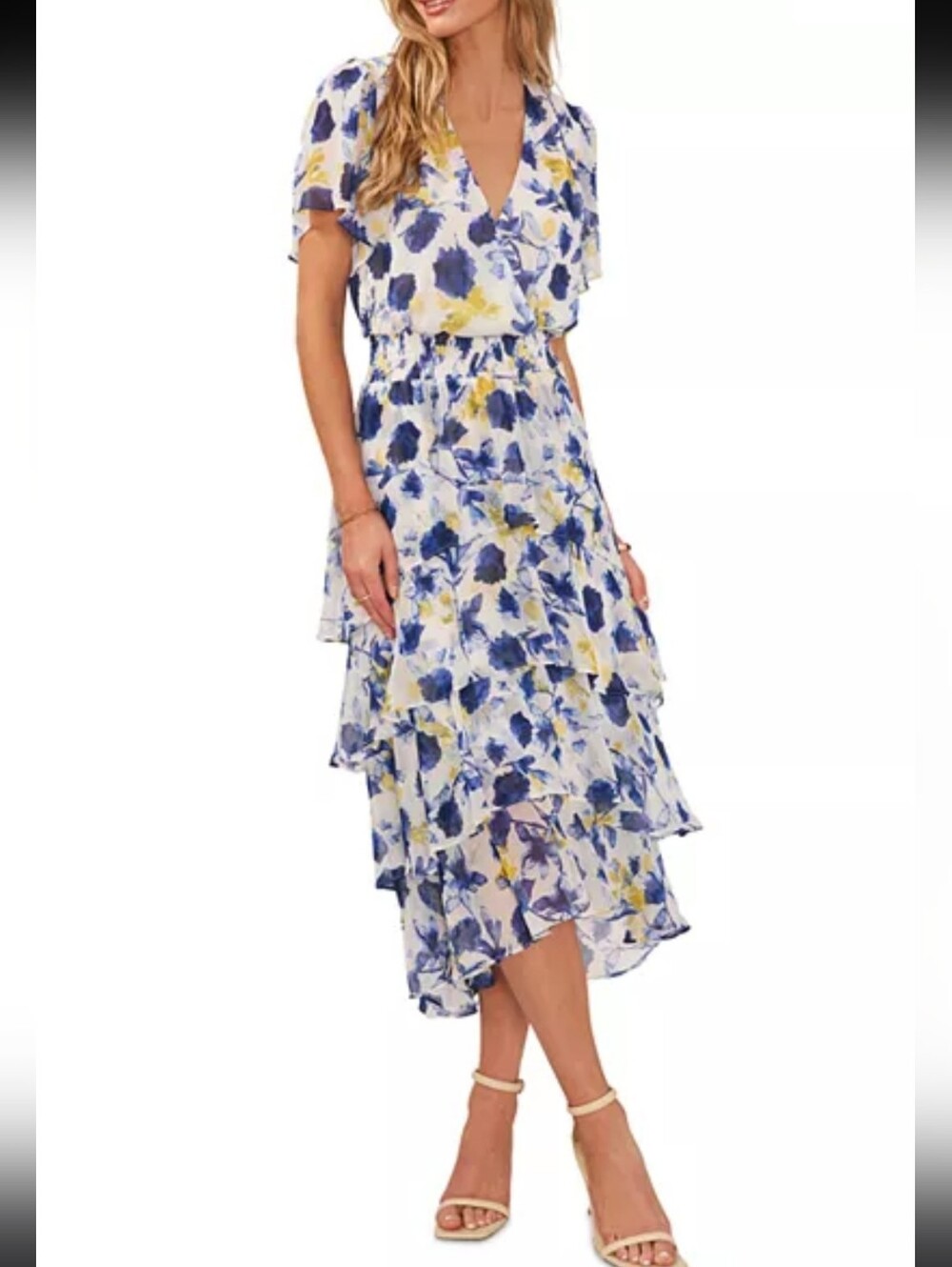 Vince Camuto Floral Tiered Midi Dress with Wide White Elastic Belt